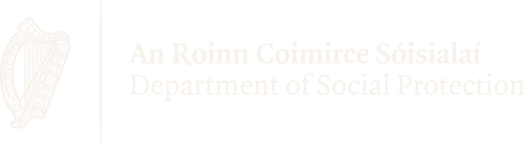 Logo of the Department of Social Protection, featuring a stylised harp symbol alongside the department's name.