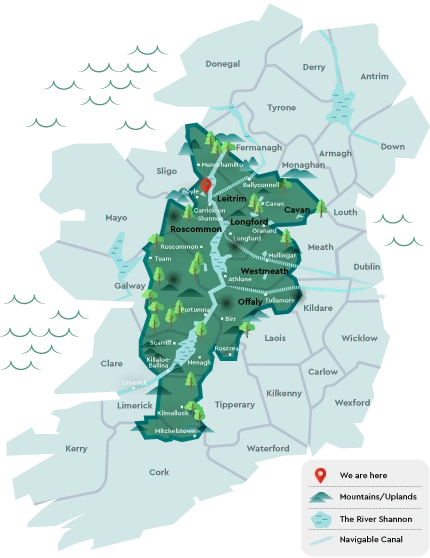 Map of the Arigna Mining Experience location in Ireland, highlighting nearby towns and natural features.
